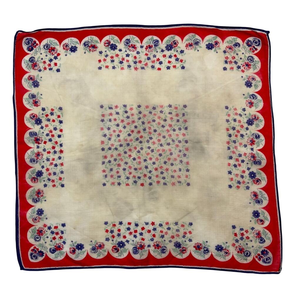 Vintage 1940s Cotton Handkerchief Red Border Blue Floral Print Stitched Hem